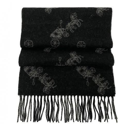 【COACH】馬車&格紋羊毛流蘇圍巾(黑灰)-1