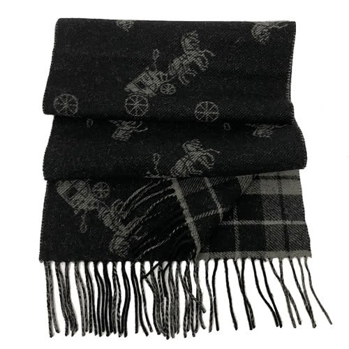 【COACH】馬車&格紋羊毛流蘇圍巾(黑灰)-3