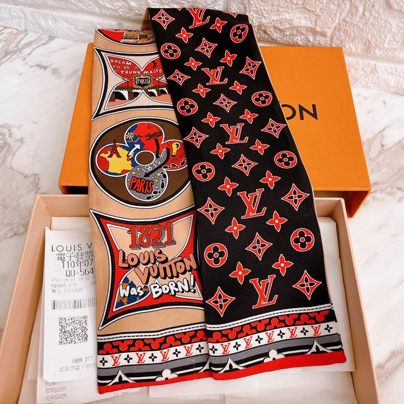 近全新全配正品✨LV monogram confidential長絲巾老花雙面配色200週年紀念款-0