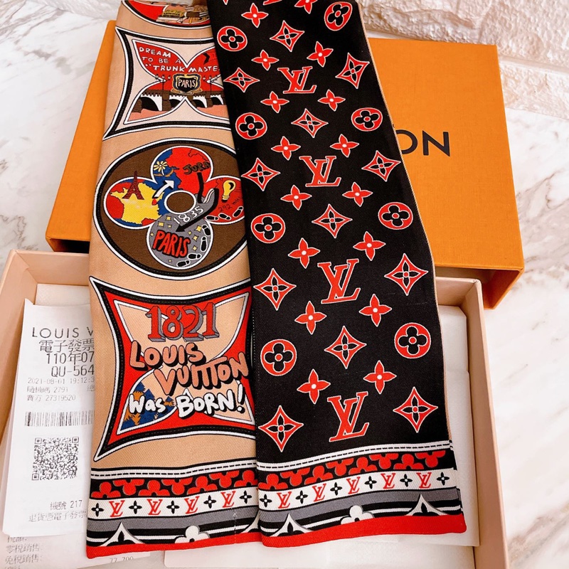 近全新全配正品✨LV monogram confidential長絲巾老花雙面配色200週年紀念款-1