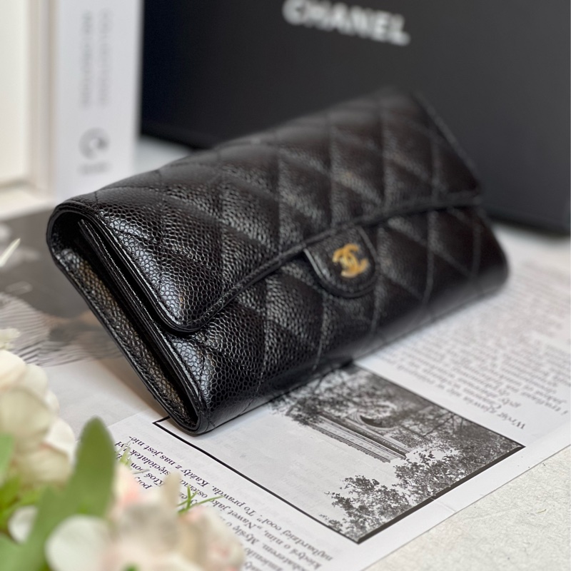 CHANEL香奈兒經典荔枝口蓋長夾/黑金《台灣購證大全配》-3