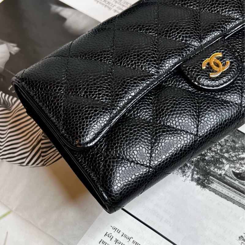 CHANEL香奈兒經典荔枝口蓋長夾/黑金《台灣購證大全配》-5