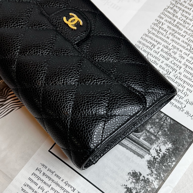 CHANEL香奈兒經典荔枝口蓋長夾/黑金《台灣購證大全配》-7