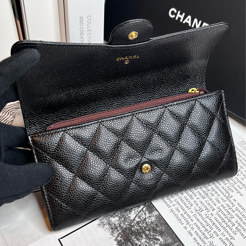 CHANEL香奈兒經典荔枝口蓋長夾/黑金《台灣購證大全配》-13