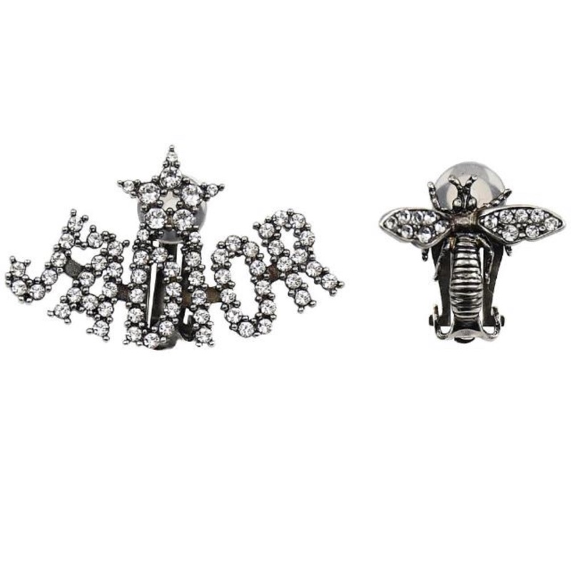 DIOR 經典LOGO水鑽蜜蜂不對稱復古銀針式耳環/幾乎全新-0