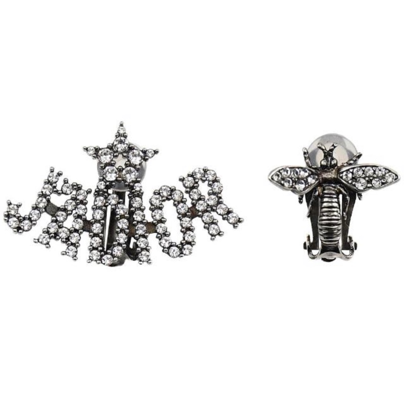 DIOR 經典LOGO水鑽蜜蜂不對稱復古銀針式耳環/幾乎全新-5