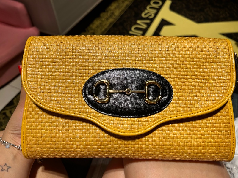 GUCCI Horsebit 1955 招財黃草編鍊袋包-10