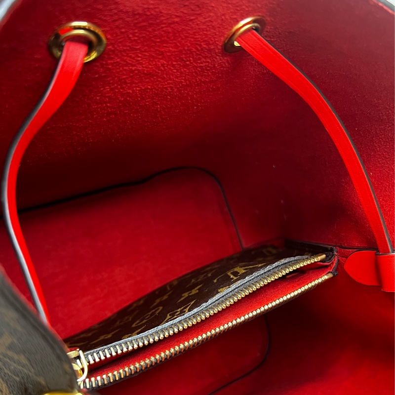 LV 經典Neonoe系列Monogram帆布印花牛皮鑲飾束口斜背/肩背水桶包-紅色-10