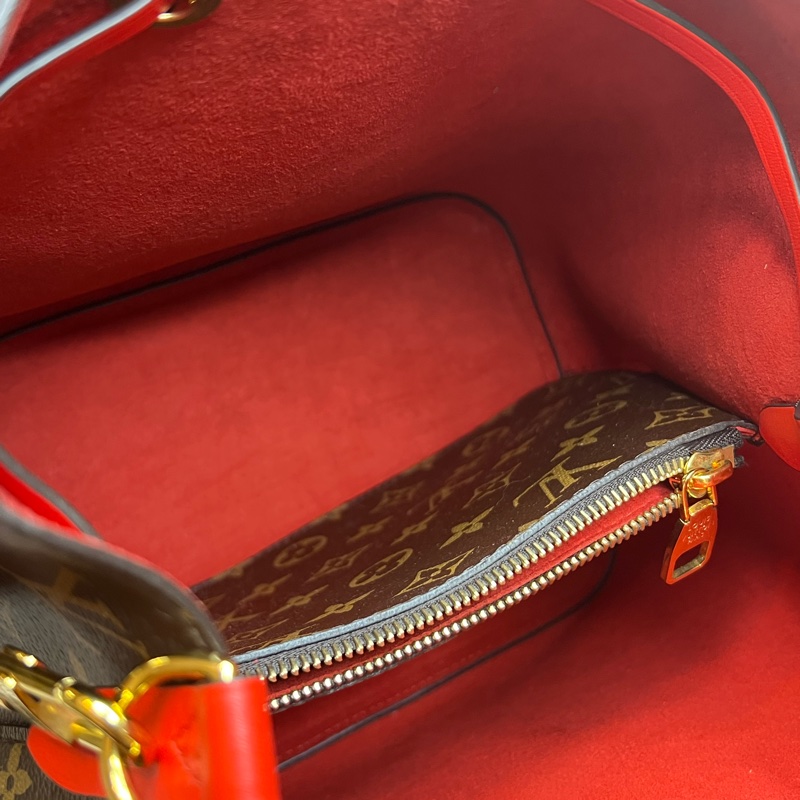 LV 經典Neonoe系列Monogram帆布印花牛皮鑲飾束口斜背/肩背水桶包-紅色-11