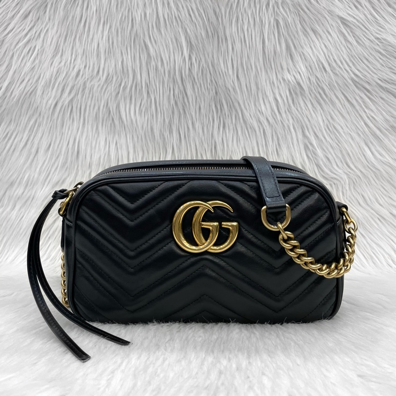 Gucci 447632黑牛皮馬夢拉鍊斜背相機包Marmont-0