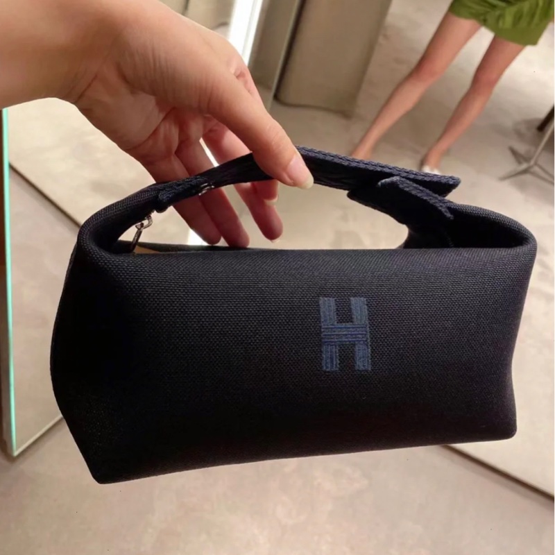 🔥雙11優惠🔥Hermès愛馬仕 Bride-a-brac pm 午夜藍編織手把帆布便當包洗漱包 黑/小號/銀釦/盒裝版-2