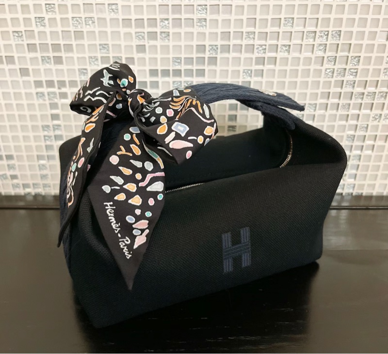 🔥雙11優惠🔥Hermès愛馬仕 Bride-a-brac pm 午夜藍編織手把帆布便當包洗漱包 黑/小號/銀釦/盒裝版-3