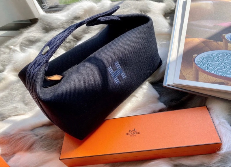 🔥雙11優惠🔥Hermès愛馬仕 Bride-a-brac pm 午夜藍編織手把帆布便當包洗漱包 黑/小號/銀釦/盒裝版-4