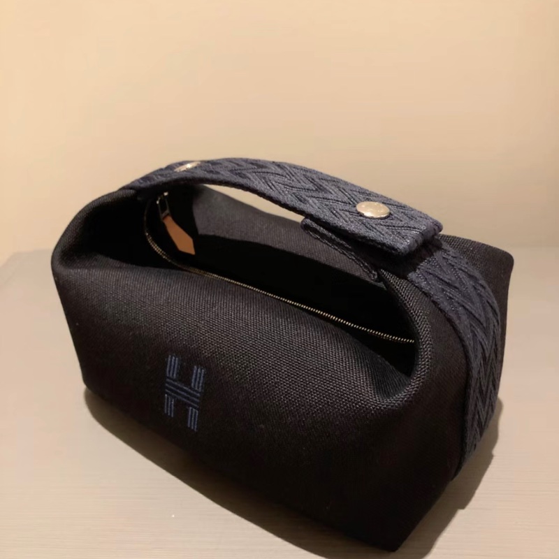 🔥雙11優惠🔥Hermès愛馬仕 Bride-a-brac pm 午夜藍編織手把帆布便當包洗漱包 黑/小號/銀釦/盒裝版-6