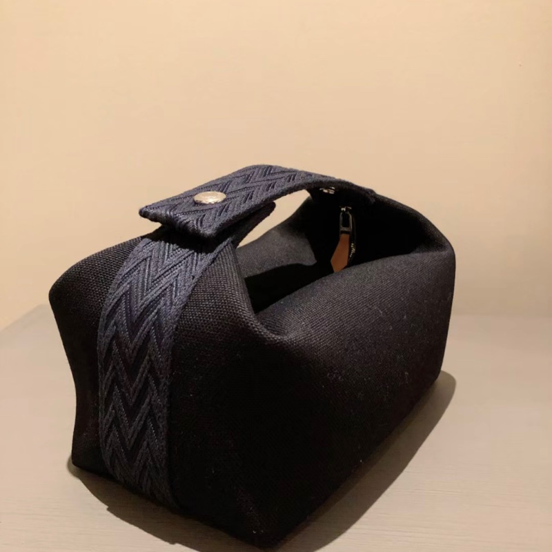 🔥雙11優惠🔥Hermès愛馬仕 Bride-a-brac pm 午夜藍編織手把帆布便當包洗漱包 黑/小號/銀釦/盒裝版-7