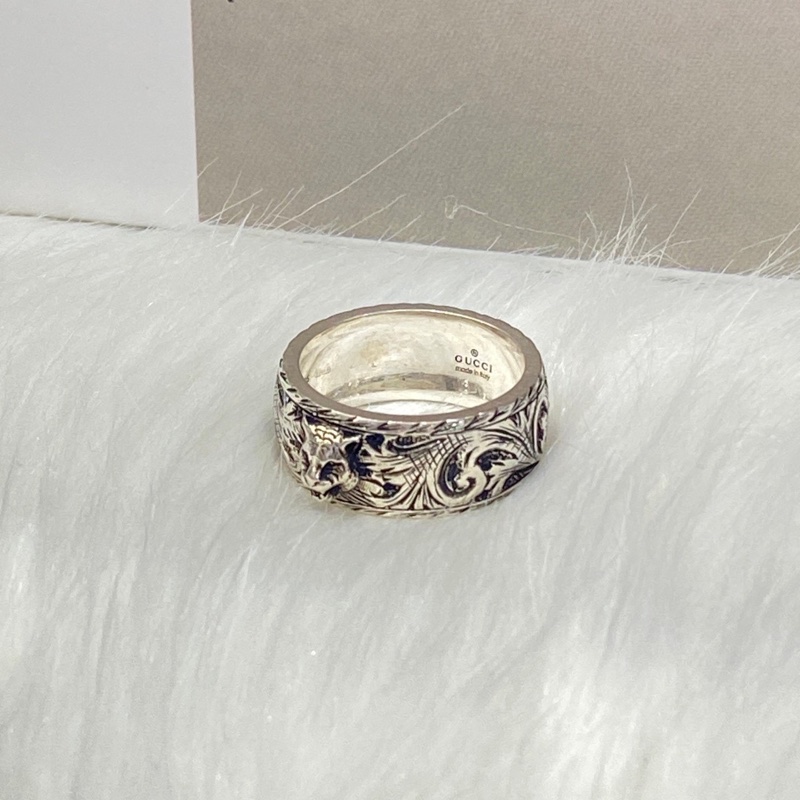 Gucci 虎頭925純銀雕花戒指43357-1