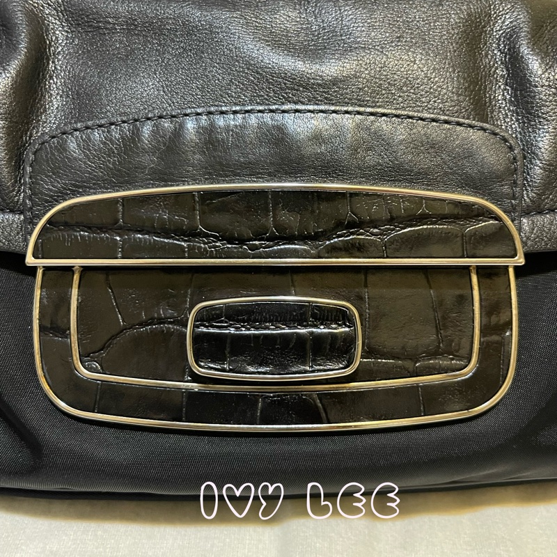 PRADA 質感黑壓紋扣式皮革 尼龍 腋下包 流蘇吊飾 肩背包 手提包  二手精品-2