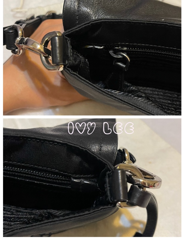 PRADA 質感黑壓紋扣式皮革 尼龍 腋下包 流蘇吊飾 肩背包 手提包  二手精品-8