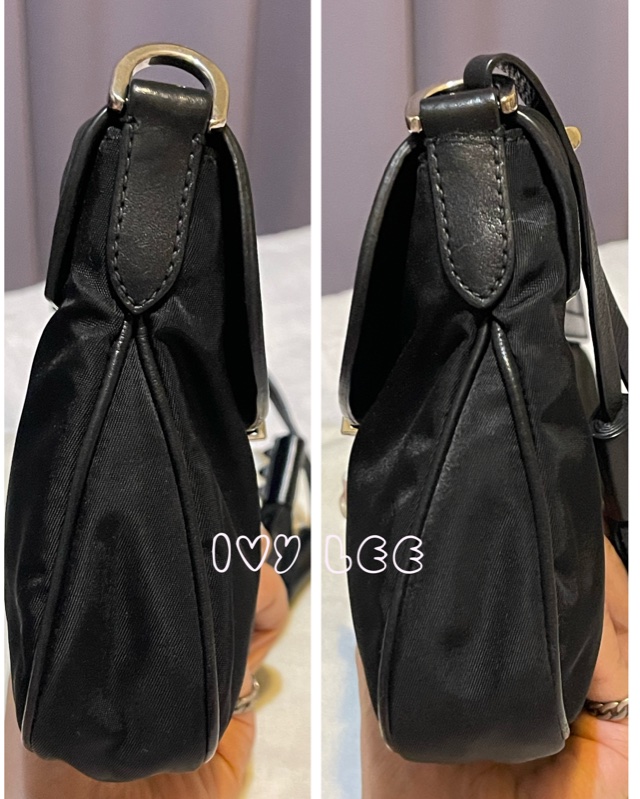 PRADA 質感黑壓紋扣式皮革 尼龍 腋下包 流蘇吊飾 肩背包 手提包  二手精品-15