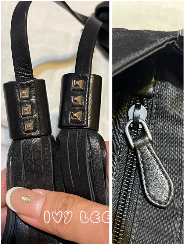 PRADA 質感黑壓紋扣式皮革 尼龍 腋下包 流蘇吊飾 肩背包 手提包  二手精品-16