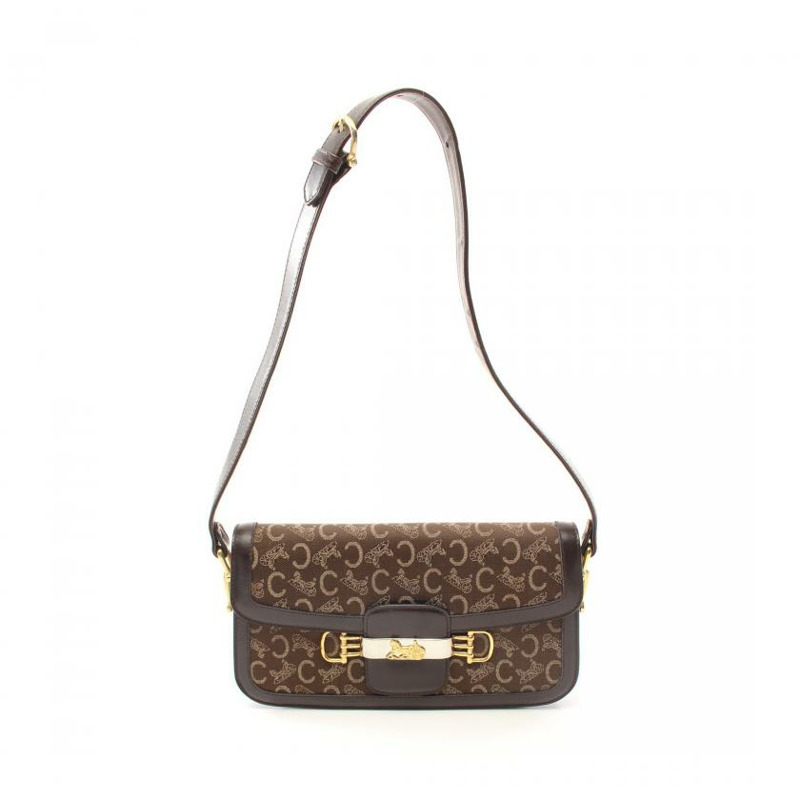 【日本直送】 中古CELINE[B]C Sulky 帆佈單肩包 真皮 深棕色 馬車五金-0