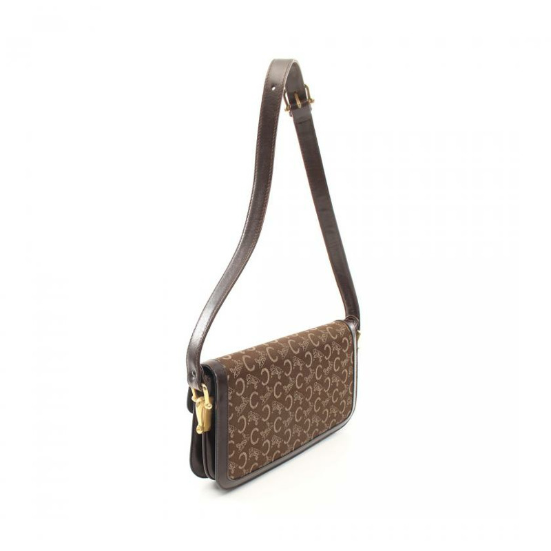 【日本直送】 中古CELINE[B]C Sulky 帆佈單肩包 真皮 深棕色 馬車五金-1