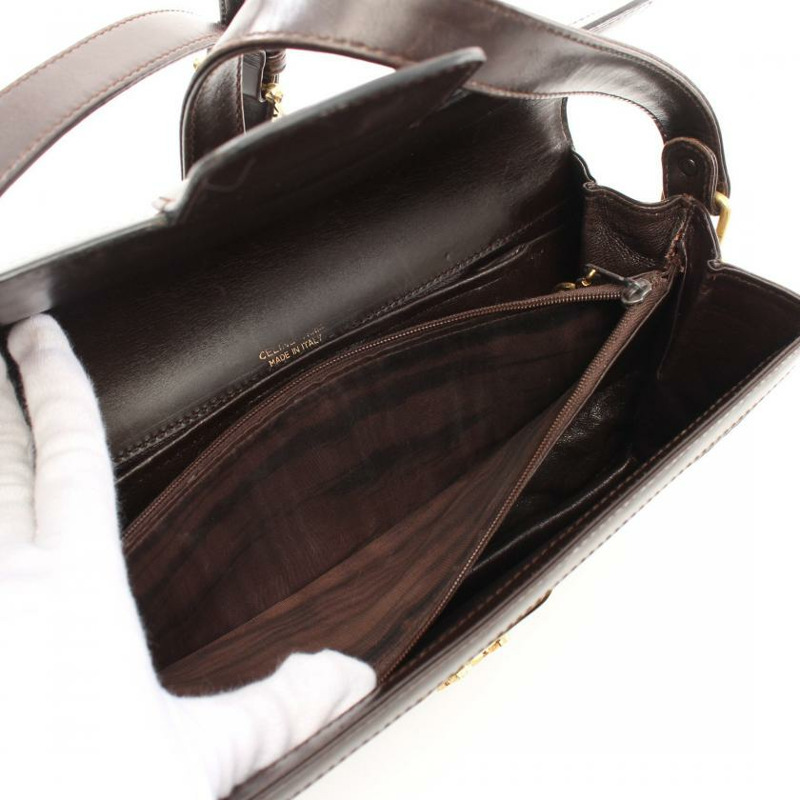 【日本直送】 中古CELINE[B]C Sulky 帆佈單肩包 真皮 深棕色 馬車五金-4