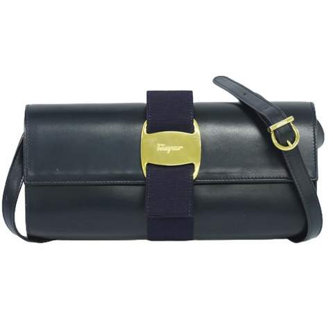 正品 Salvatore Ferragamo Salvatore Ferragamo Vara 絲帶單肩包 Pochette 皮革海軍藍 Vara 包二手