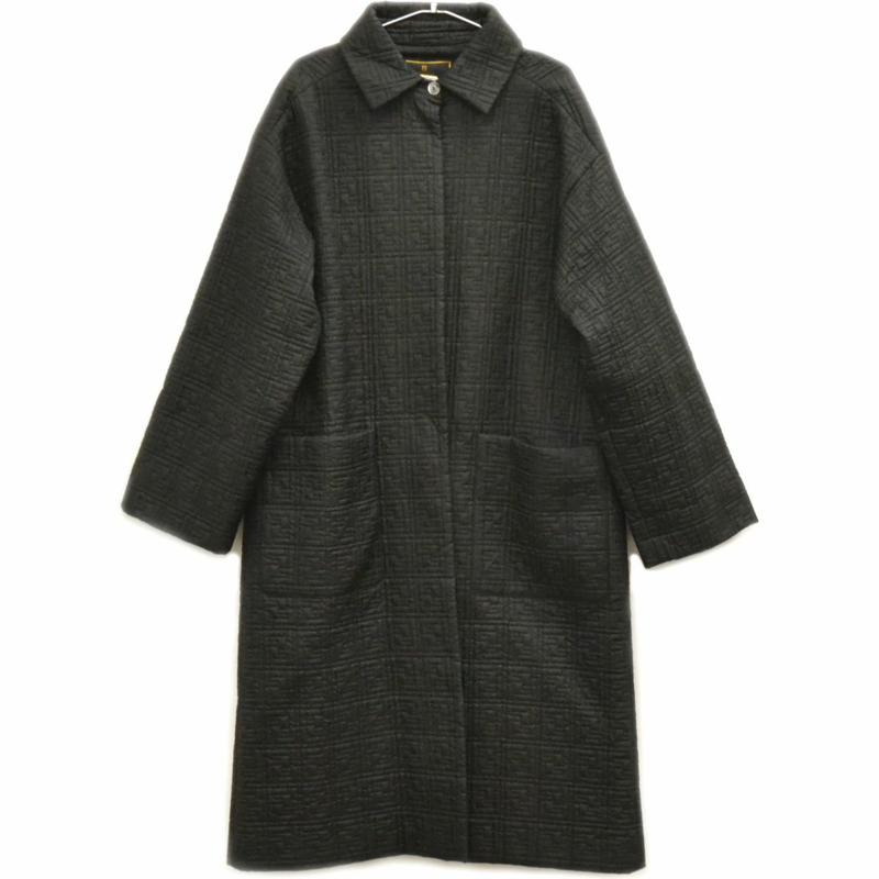 正品芬迪FENDI Zucca絎縫長大衣茄克外衣醋酸纖維人造絲黑色女士Zucca服裝衣服二手貨-0