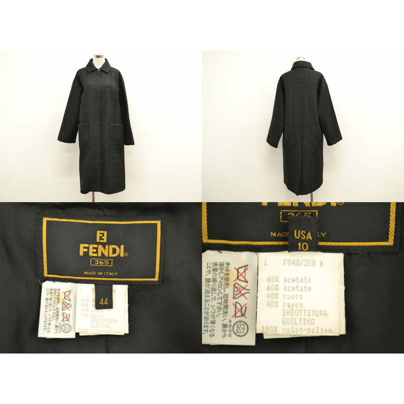 正品芬迪FENDI Zucca絎縫長大衣茄克外衣醋酸纖維人造絲黑色女士Zucca服裝衣服二手貨-8
