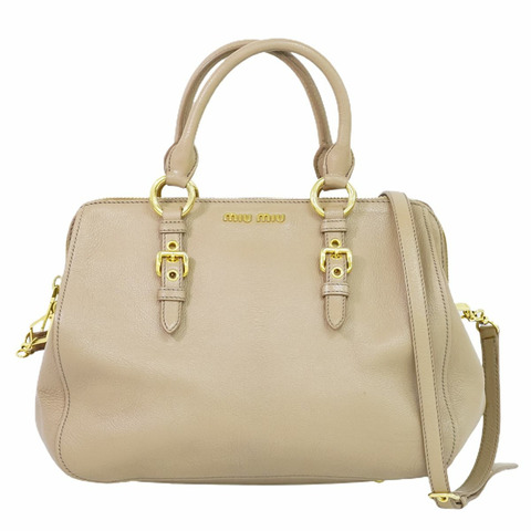 正品 Miu Miu miumiu 2WAY 單肩包手提包口袋皮革米色包二手