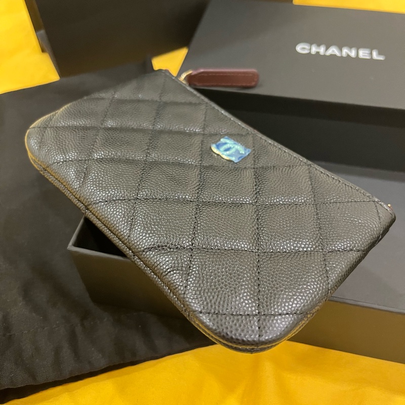 Chanel 芯片款 入門款必買/一字拉零錢包/黑金荔枝-3