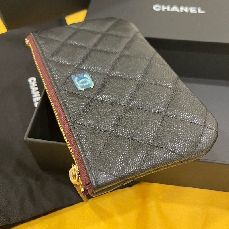 Chanel 芯片款 入門款必買/一字拉零錢包/黑金荔枝-5