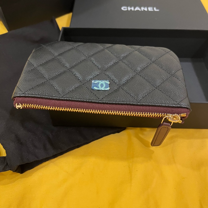 Chanel 芯片款 入門款必買/一字拉零錢包/黑金荔枝-6