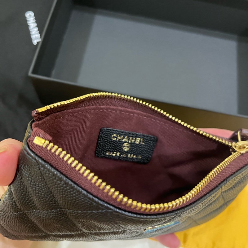 Chanel 芯片款 入門款必買/一字拉零錢包/黑金荔枝-11