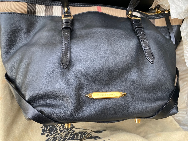「已售出」二手Burberry黑色全皮拼格紋側背包肩背包托特水餃包-9