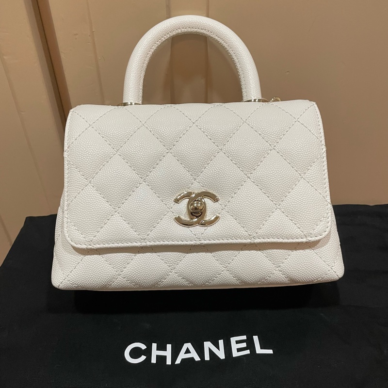 CHANEL Mini Coco Handle 經典菱格紋小牛皮兩用包 白色-0