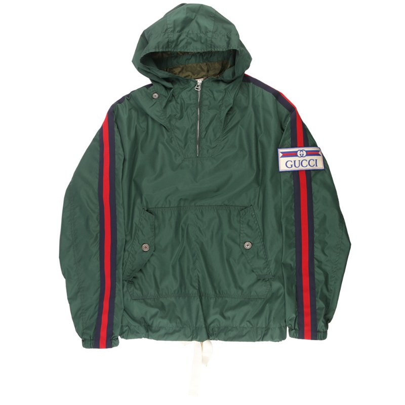 GUCCI 藍紅織帶降落傘尼龍布連帽夾克(墨綠色) 48-0