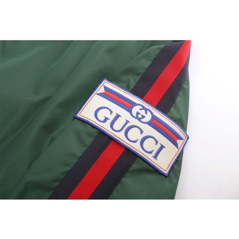 GUCCI 藍紅織帶降落傘尼龍布連帽夾克(墨綠色) 48-2