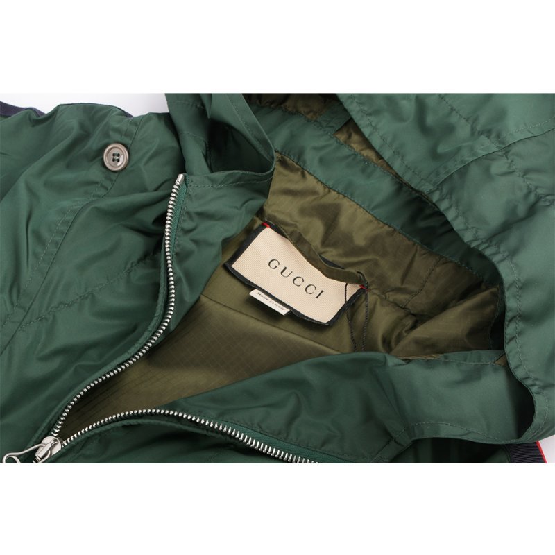 GUCCI 藍紅織帶降落傘尼龍布連帽夾克(墨綠色) 48-3
