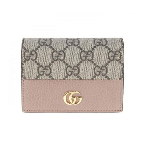【全新GUCCI 古馳】658610 經典金屬雙G LOGO牛皮拚帆布暗釦萬用信用卡夾/短夾 (粉色)