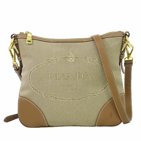 正品 Prada PRADA 徽標單肩包 Pochette 帆布皮革棕色包二手