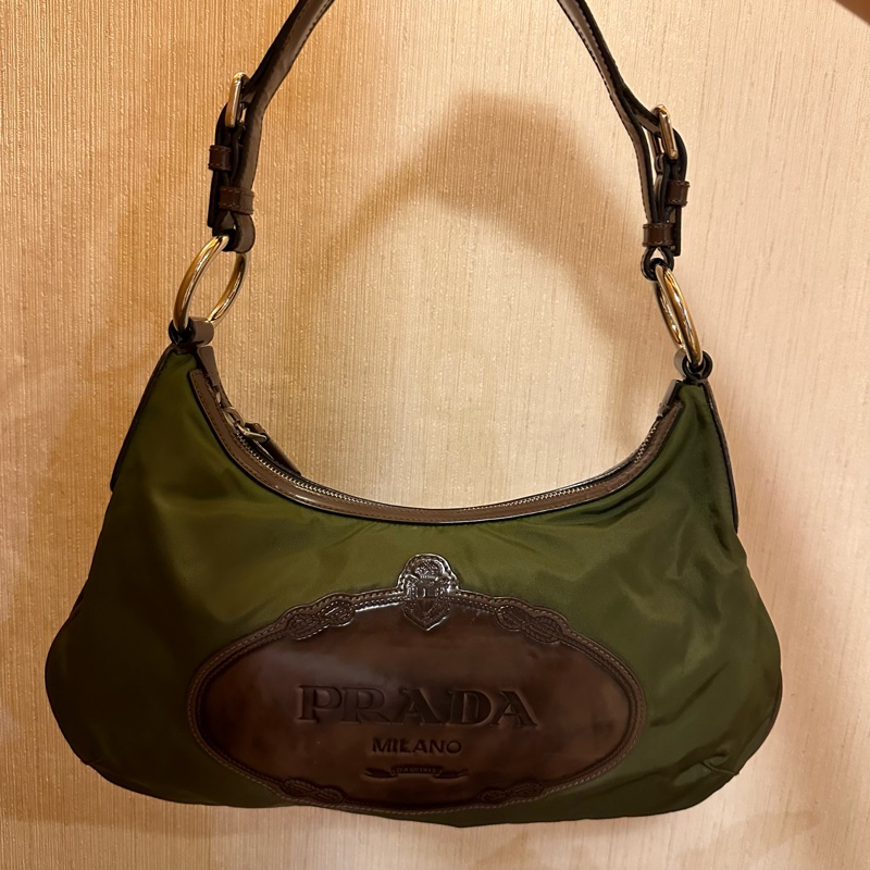 二手轉售｜Prada Vintage 墨綠尼龍皮革大logo腋下包 大容量-0