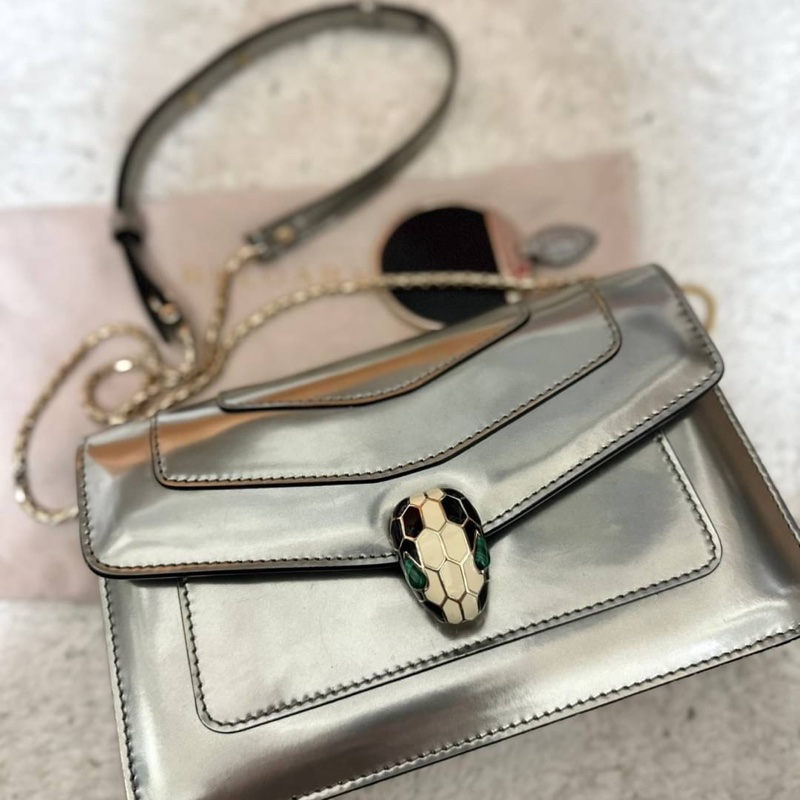Bvlgari 寶格麗 Serpenti  銀色金屬牛皮掀蓋包-0