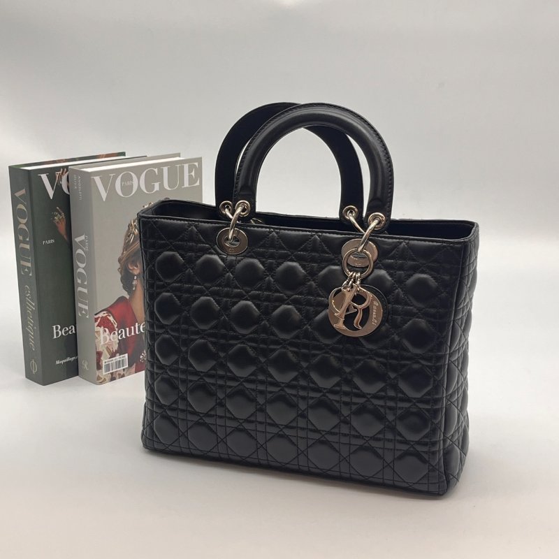 特價 Christian Dior 黑色 全皮 藤格紋 7格黛妃包/手提包/肩背包-0