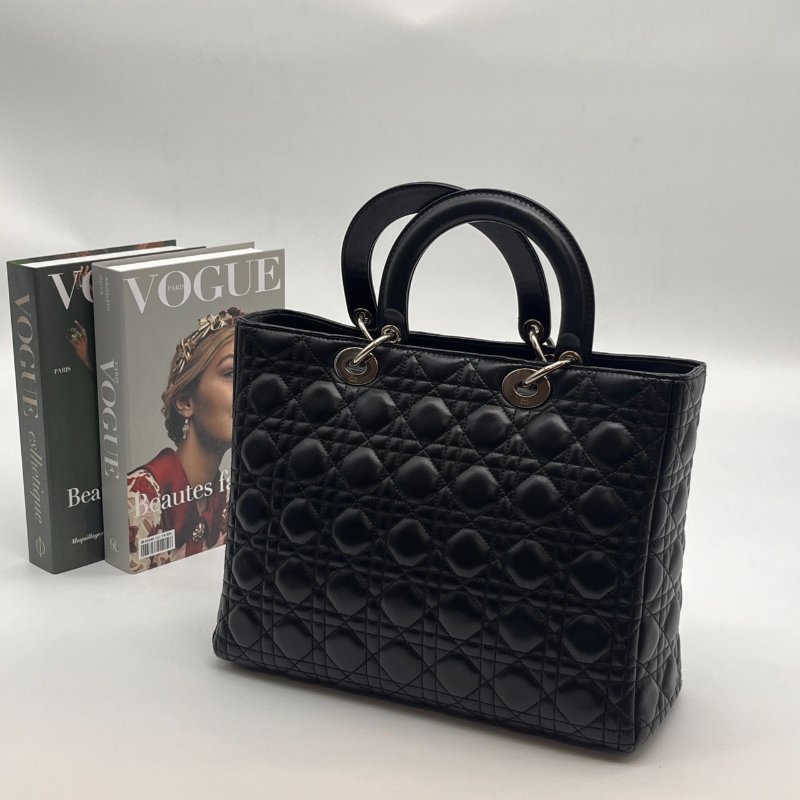 特價 Christian Dior 黑色 全皮 藤格紋 7格黛妃包/手提包/肩背包-1