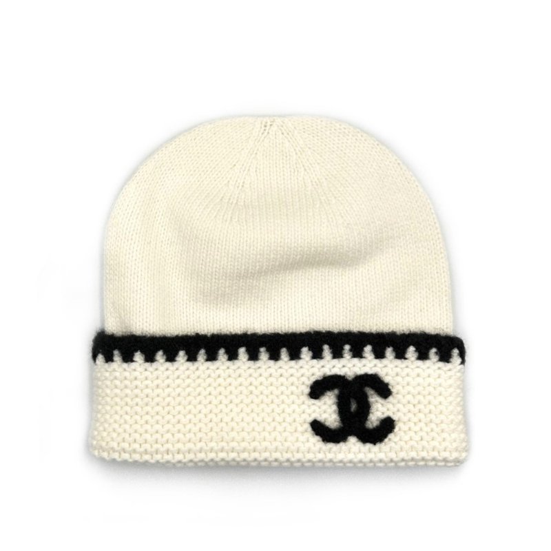 CHANEL 小波浪雙C白針織帽-1
