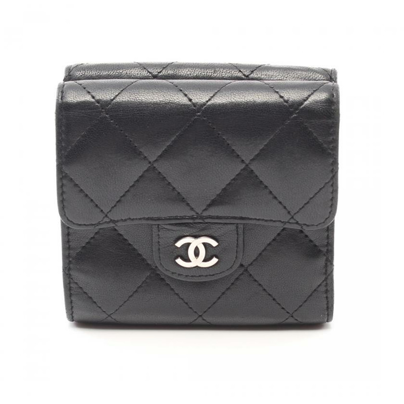 【日本直送】 菱格紋 三折錢包 雙子母扣錢包 小羊皮 黑色 銀色五金-0