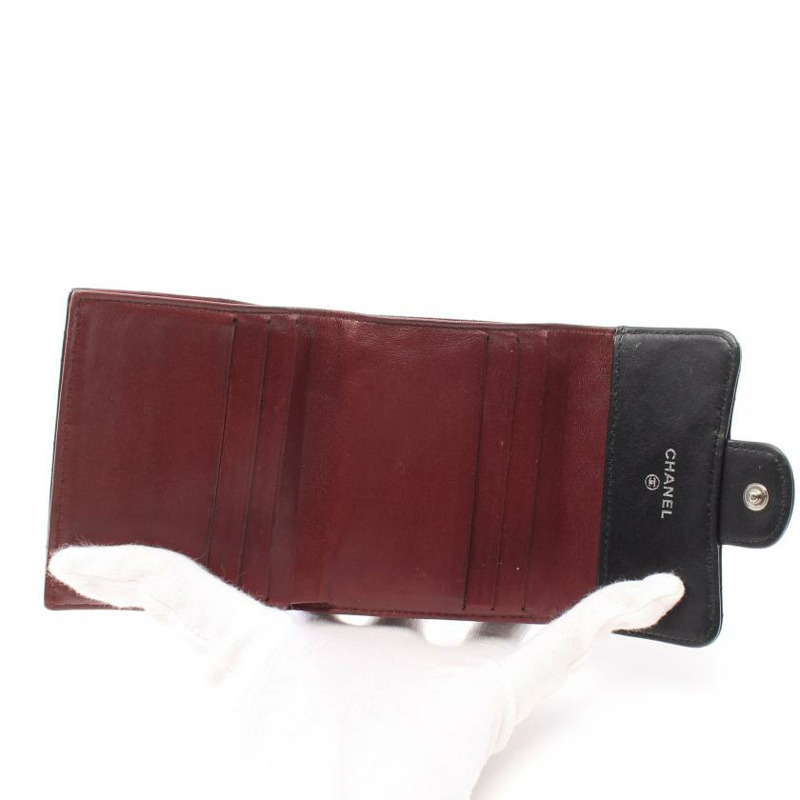 【日本直送】 菱格紋 三折錢包 雙子母扣錢包 小羊皮 黑色 銀色五金-2