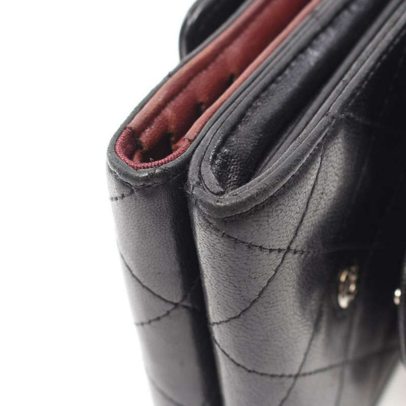 【日本直送】 菱格紋 三折錢包 雙子母扣錢包 小羊皮 黑色 銀色五金-8